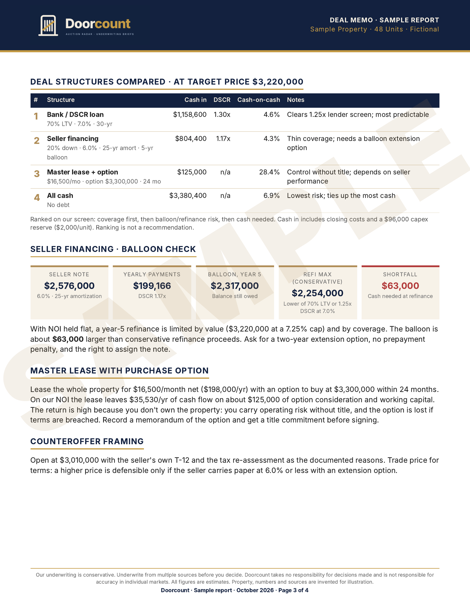 Doorcount Quick Check sample report, page 3 of 4: deal structures, balloon check, master lease and counteroffer framing