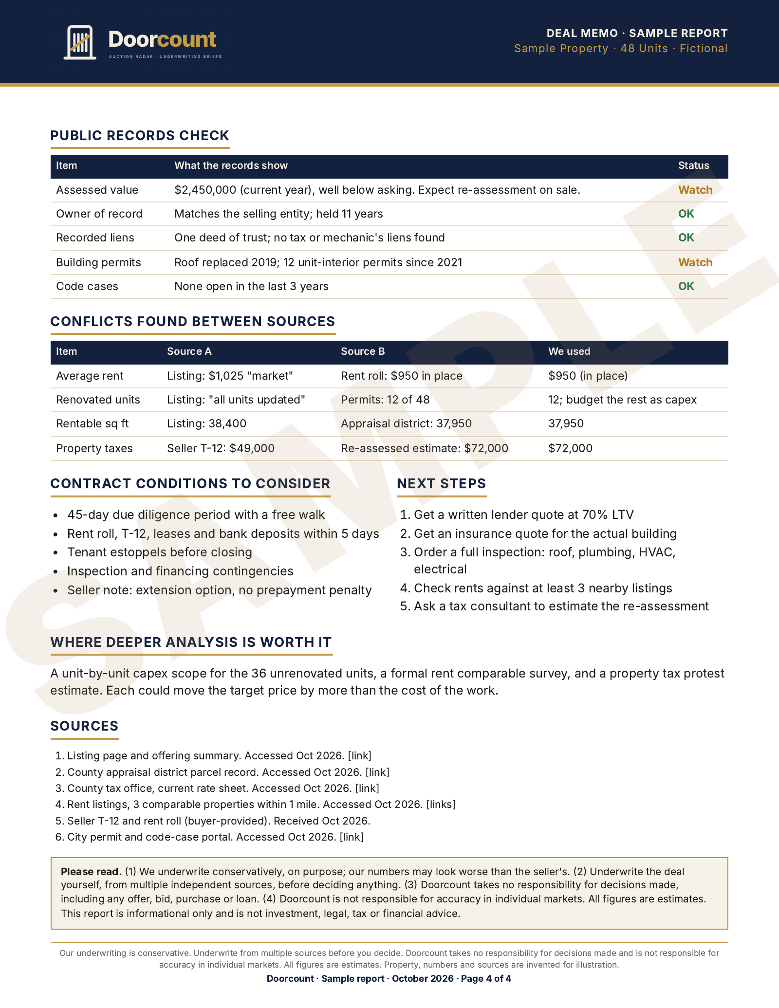 Doorcount Quick Check sample report, page 4 of 4: public records, conflicts, contract conditions, next steps and sources